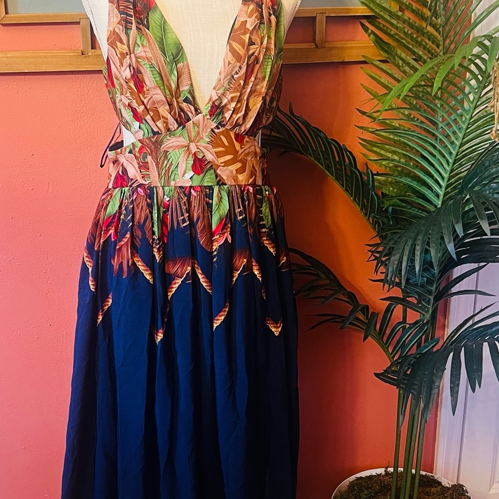 Miss Avenue Tropical Backless Dress - Multicolor and Navy